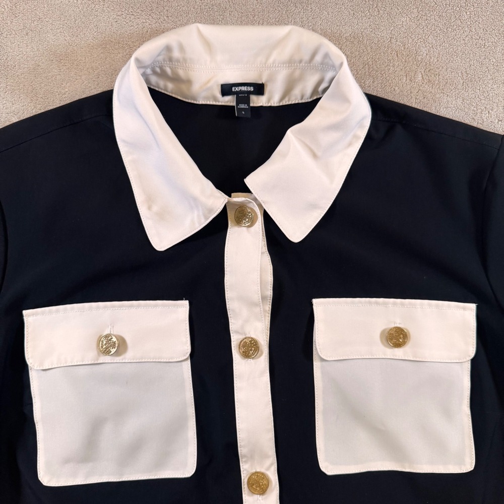 Luxury Parisian Old Money Yacht Club Black White Gold Button Quiet Luxe Sz L - Picture 3 of 10